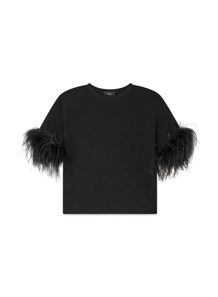 T-shirt con Spalla Over e Piume Staccabili