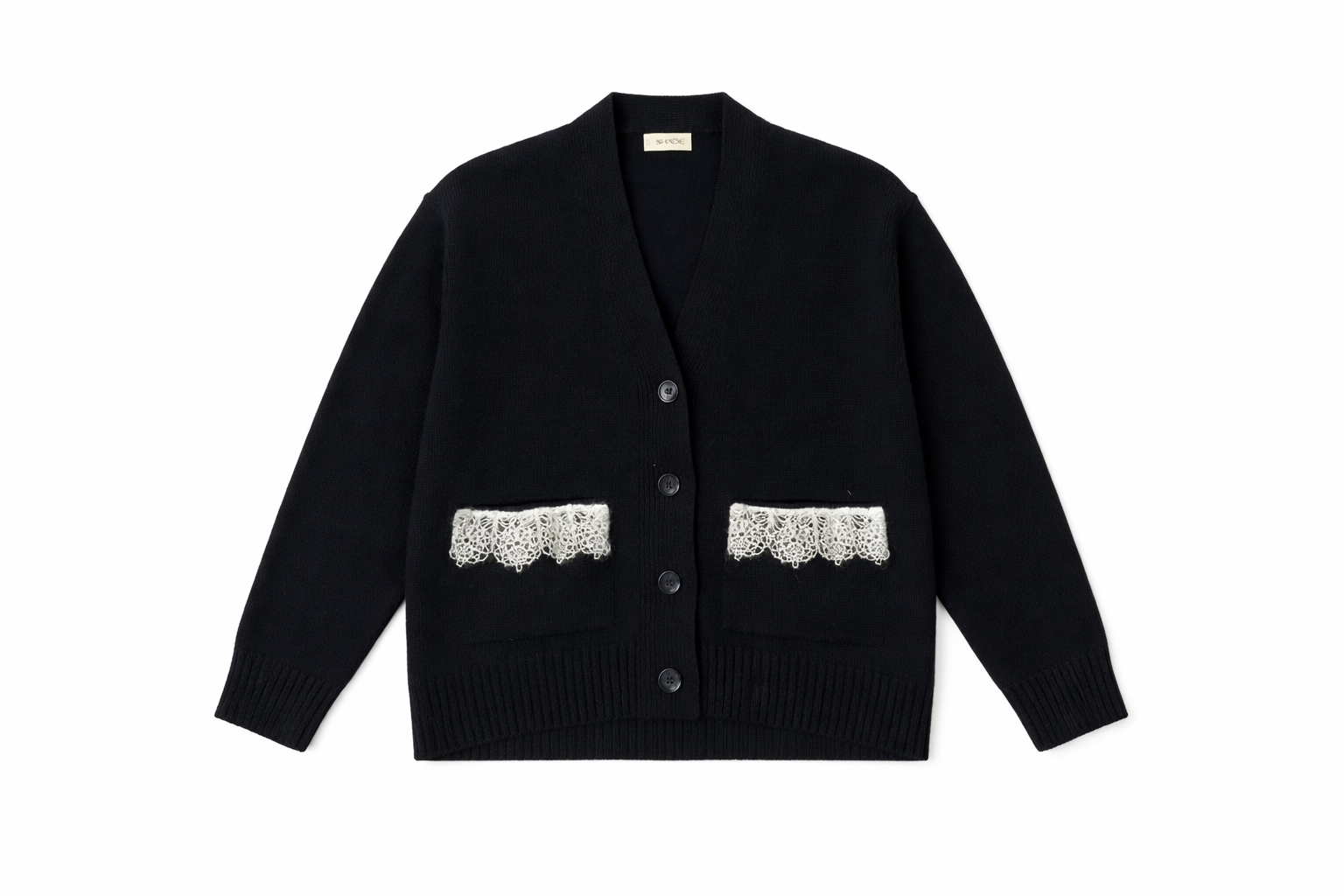Cardigan in maglia con dettagli in pizzo di pura lana