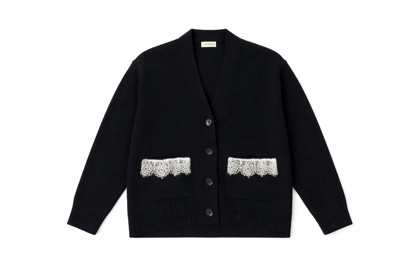 Cardigan in maglia con dettagli in pizzo di pura lana