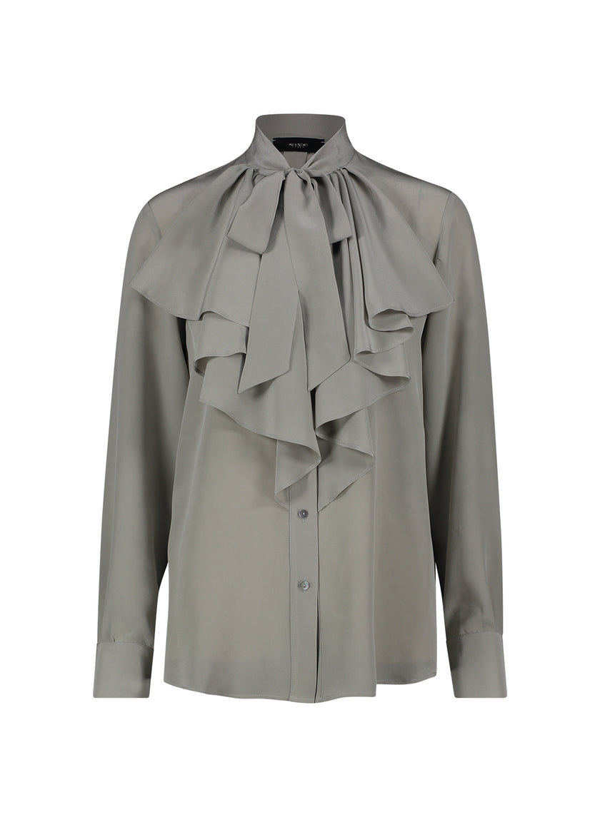 CAMICIA IN SETA CON FIOCCO E ROUCHES – GRIGIO PERLA