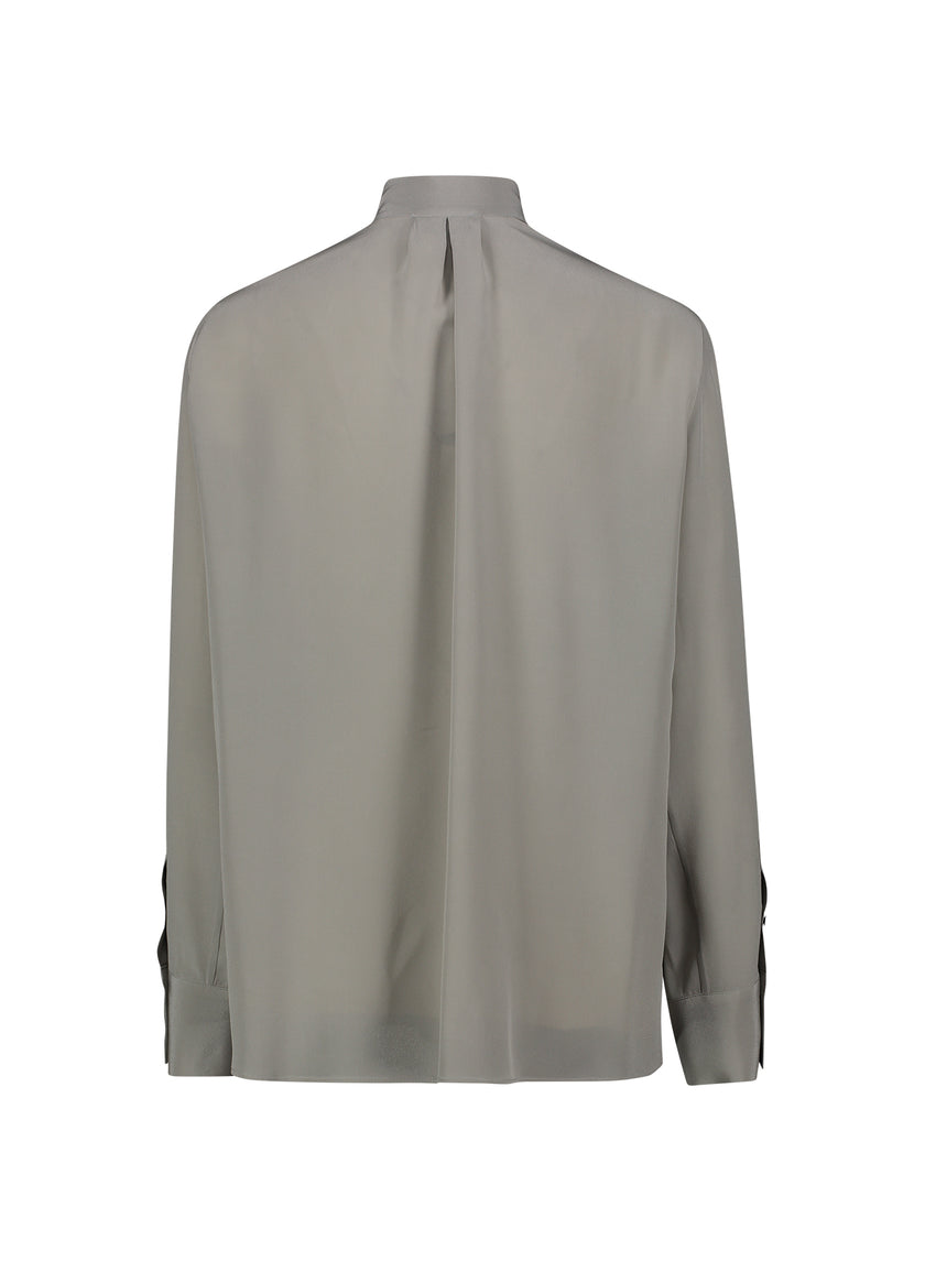 CAMICIA IN SETA CON FIOCCO E ROUCHES – GRIGIO PERLA