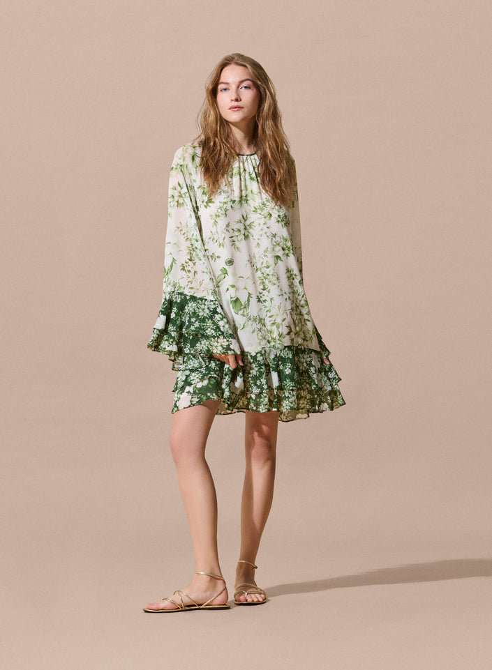 Abito corto floreale in chiffon di viscosa