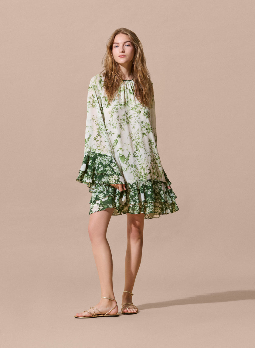 Abito corto floreale in chiffon di viscosa