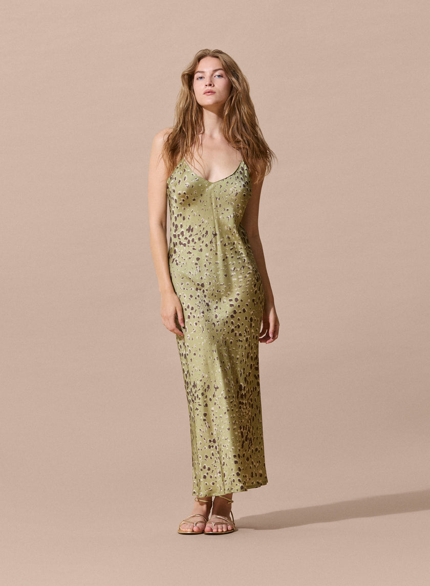 Abito lingerie in raso di viscosa stampa maculata