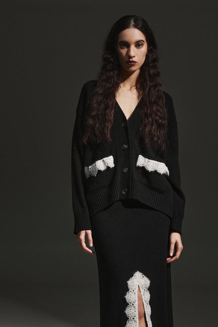 Cardigan in maglia con dettagli in pizzo di pura lana