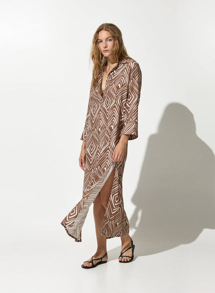 Caftano in lino e viscosa con stampa optical