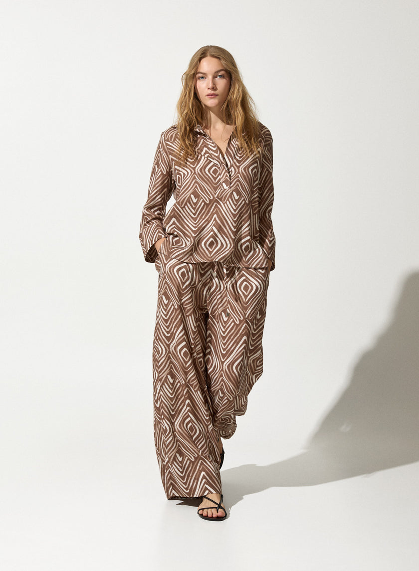 Blusa in lino e viscosa con stampa optical