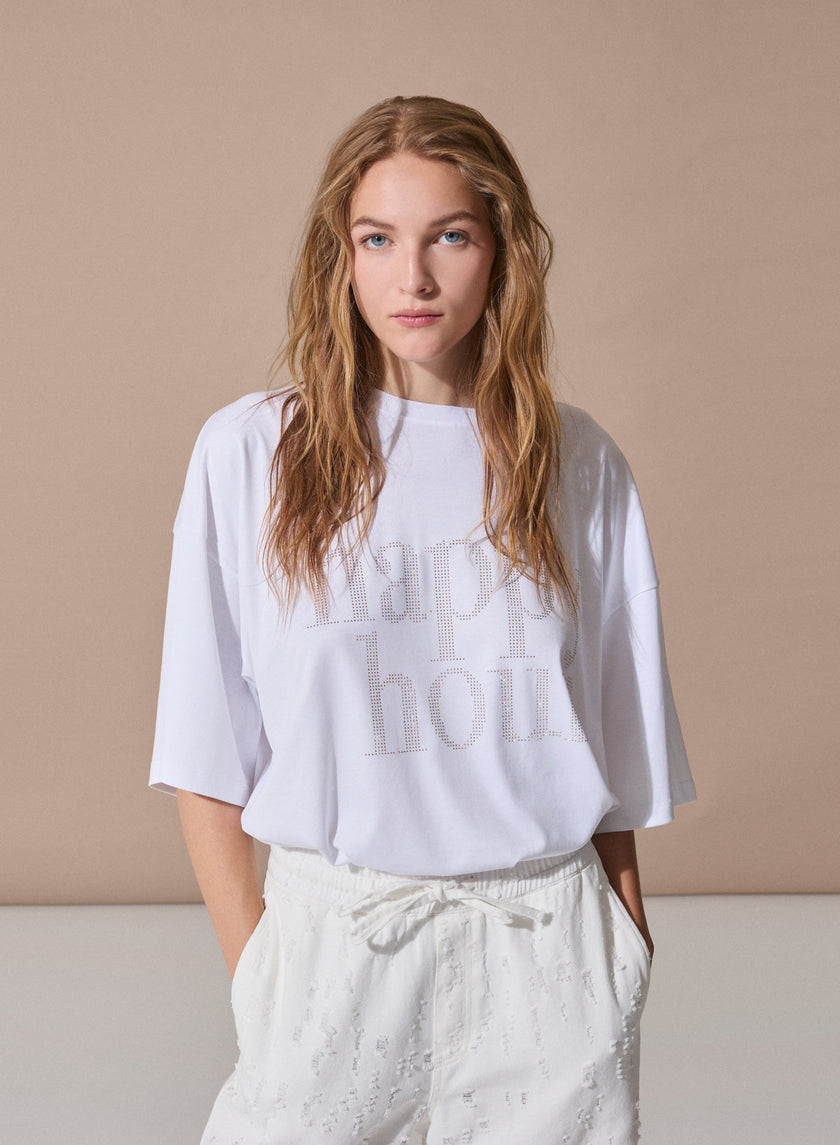 HAPPY HOUR – T-Shirt Oversize con Microstrass