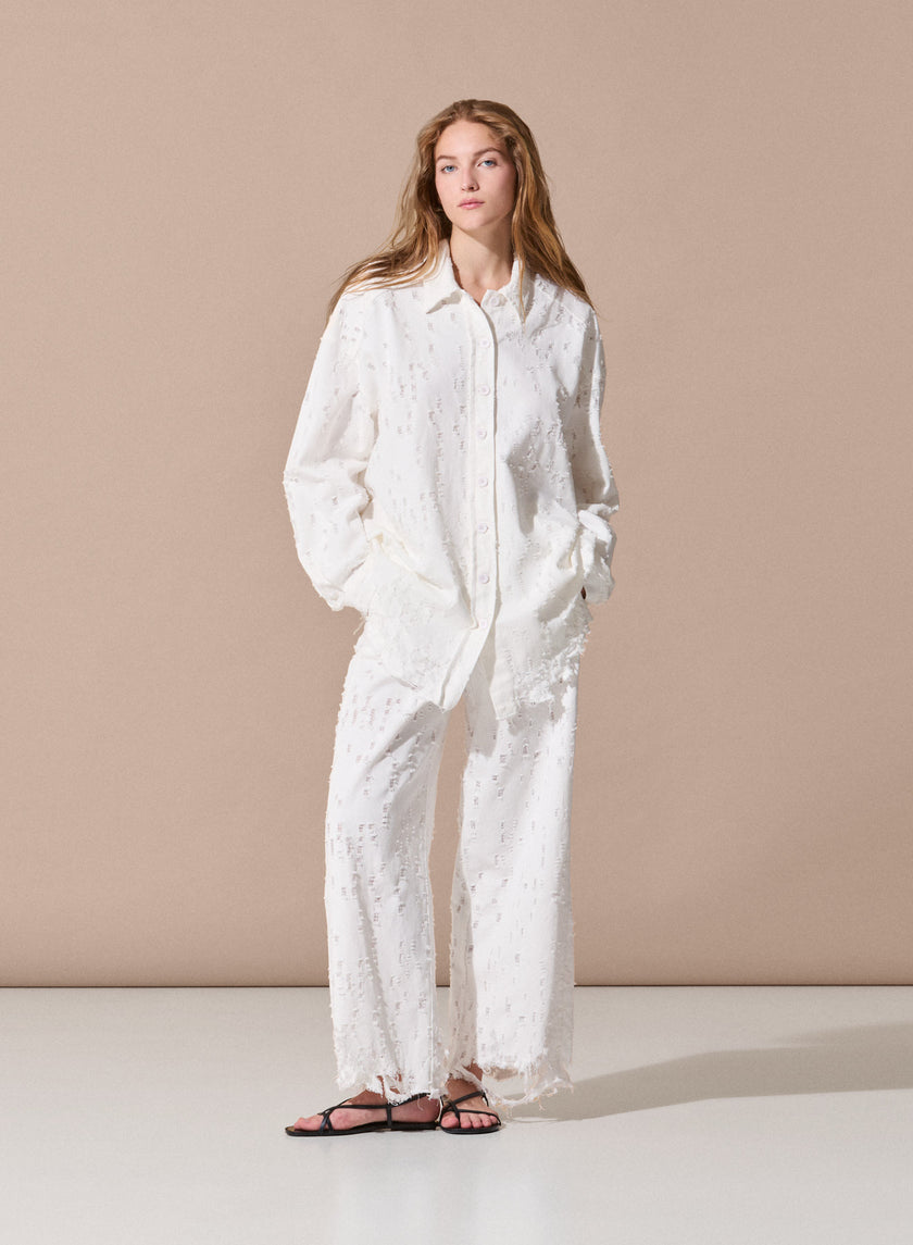 Pantalone Denim Light con Coulisse e Sfrangiature Handmade