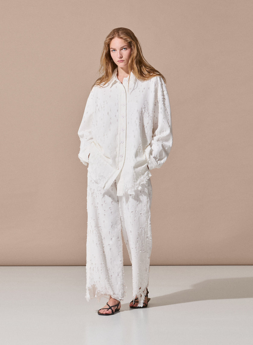 Pantalone Denim Light con Coulisse e Sfrangiature Handmade